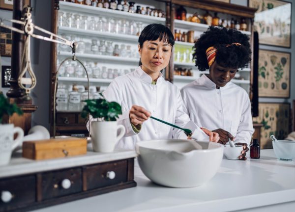 Apothecary workers are working on a drug and packing the tea in