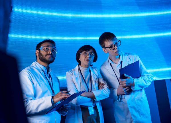 forward-thinking multiethnic scientists with clipboards collabor