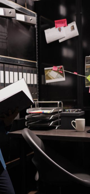 Woman police investigator reading case file in office room.
