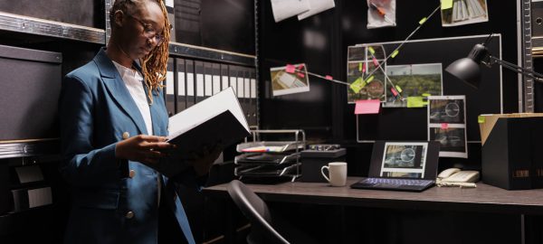 Woman police investigator reading case file in office room.