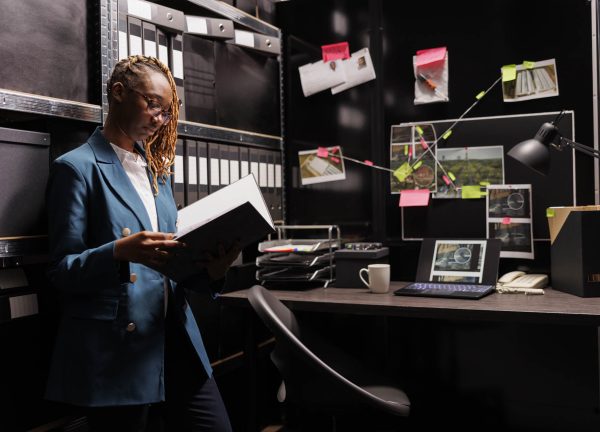 Woman police investigator reading case file in office room.